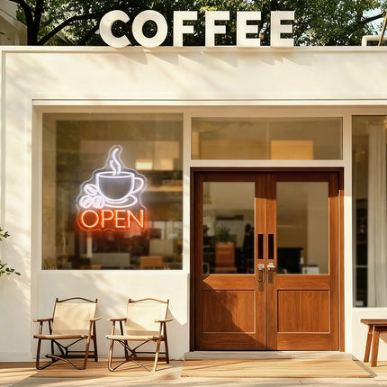 Coffee Cup & Golden Yellow Open Neon Sign