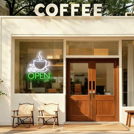 Coffee Cup & Green Open Neon Sign