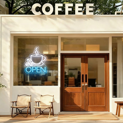 Coffee Cup & Ice Blue Open Neon Sign