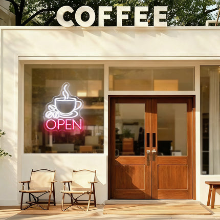 Coffee Cup & Light Pink Open Neon Sign