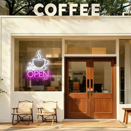 Coffee Cup & Pink Open Neon Sign