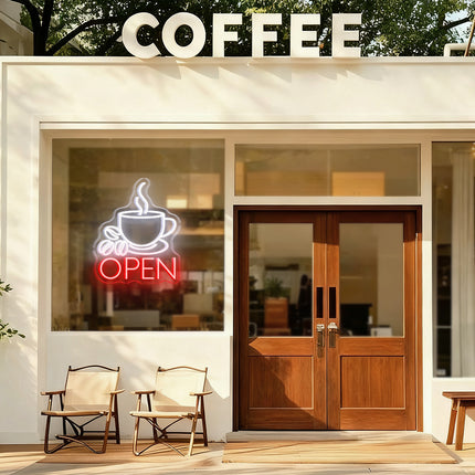 Coffee Cup & Red Open Neon Sign