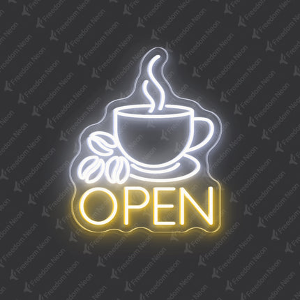 Coffee Cup & Warm White Open Neon Sign