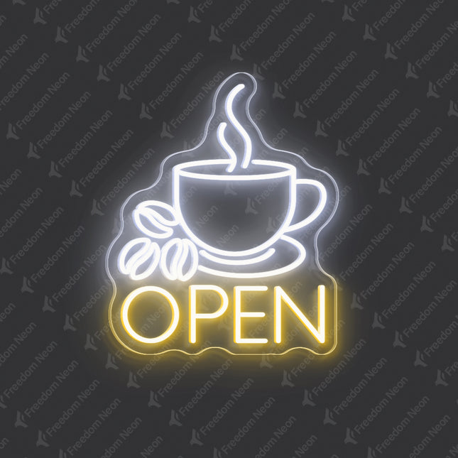 Coffee Cup & Warm White Open Neon Sign