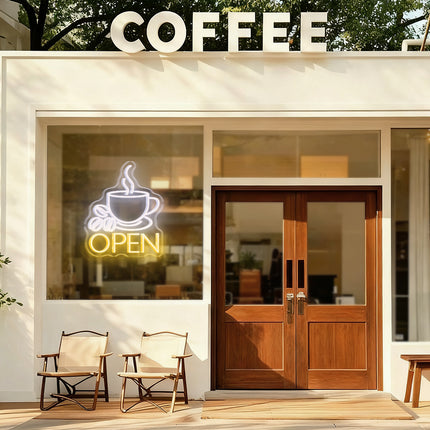 Coffee Cup & Warm White Open Neon Sign