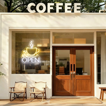 Coffee Cup & White Open Neon Sign