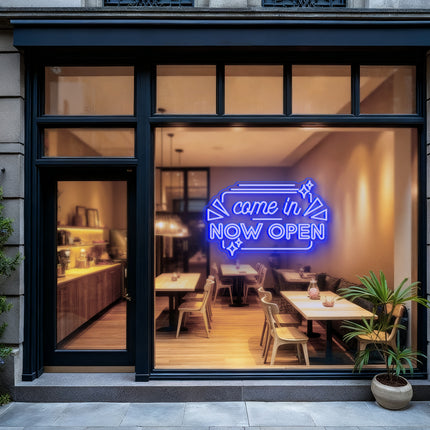 Blue "Come In Now OPEN" Neon Sign