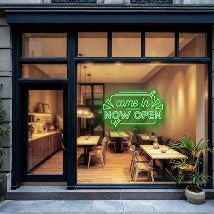 Green "Come In Now OPEN" Neon Sign