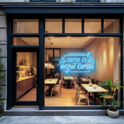 Ice Blue "Come In Now OPEN" Neon Sign