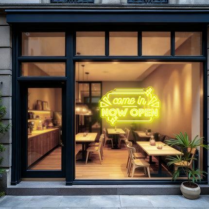 Lemon Yellow "Come In Now OPEN" Neon Sign