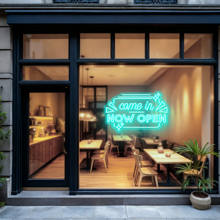 Mint "Come In Now OPEN" Neon Sign