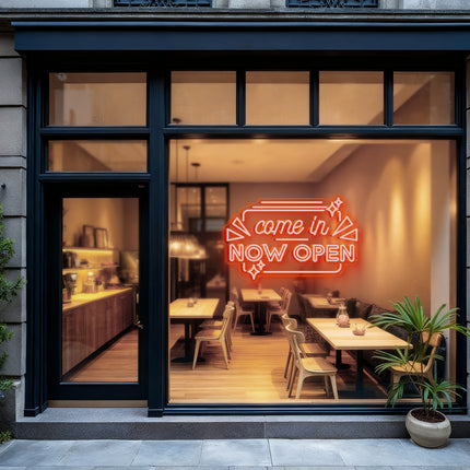 Orange "Come In Now OPEN" Neon Sign
