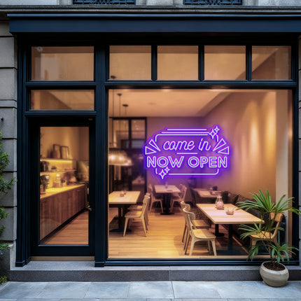 Purple "Come In Now OPEN" Neon Sign