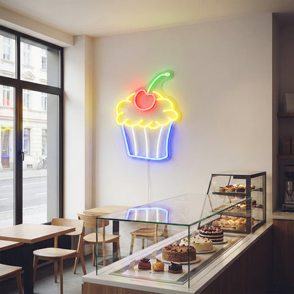 Lemon Yellow Cupcake with Cherry Neon Sign