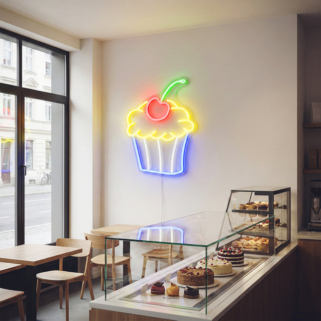 Lemon Yellow Cupcake with Cherry Neon Sign