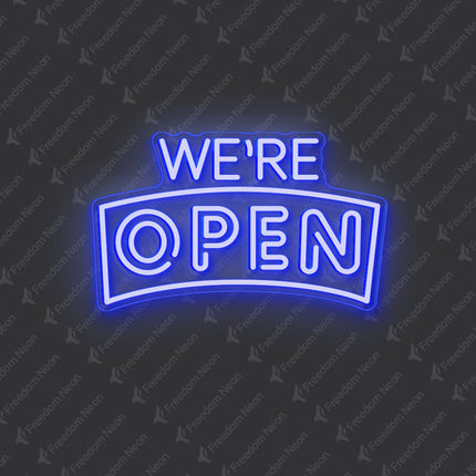 Blue Curved "We’re OPEN" Neon Sign