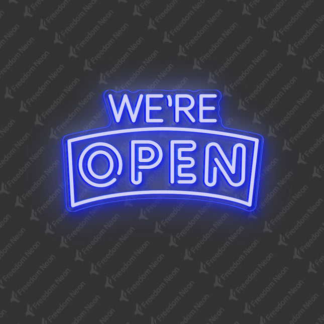 Blue Curved "We’re OPEN" Neon Sign