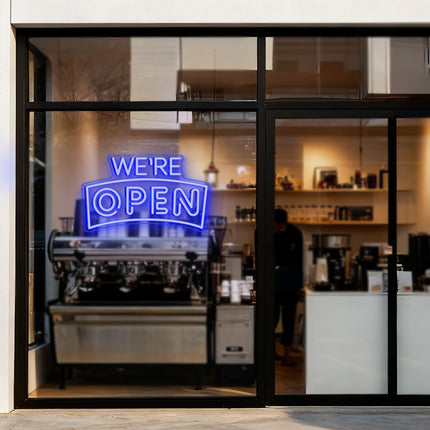 Blue Curved "We’re OPEN" Neon Sign