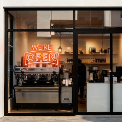 Golden Yellow Curved "We’re OPEN" Neon Sign