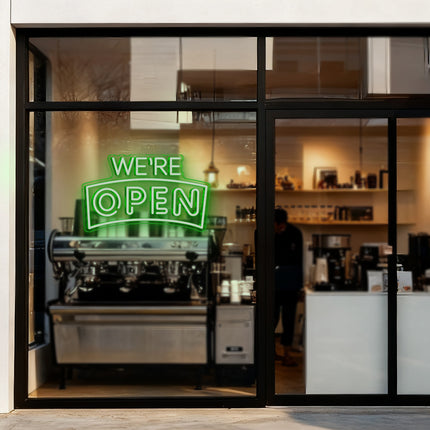 Green Curved "We’re OPEN" Neon Sign