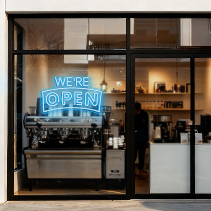Ice Blue Curved "We’re OPEN" Neon Sign