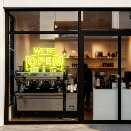 Lemon Yellow Curved "We’re OPEN" Neon Sign