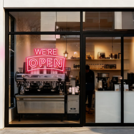 Light Pink Curved "We’re OPEN" Neon Sign
