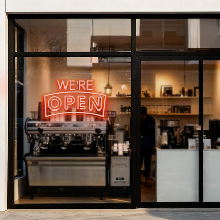 Orange Curved "We’re OPEN" Neon Sign