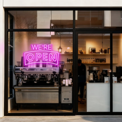 Pink Curved "We’re OPEN" Neon Sign