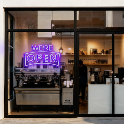 Purple Curved "We’re OPEN" Neon Sign