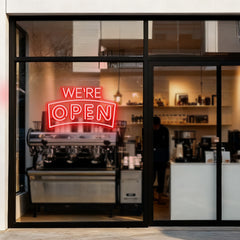 Red Curved "We’re OPEN" Neon Sign