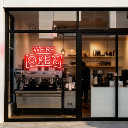 Red Curved "We’re OPEN" Neon Sign