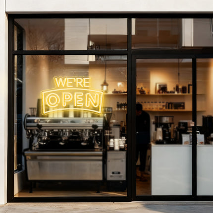 Warm White Curved "We’re OPEN" Neon Sign