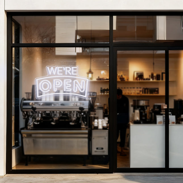 White Curved "We’re OPEN" Neon Sign