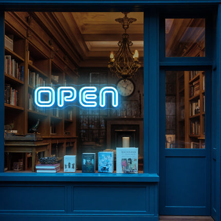 Double-Lined ice blue neon "Open" sign