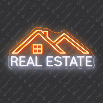 Golden Yellow & White Double-Lined Roof Real Estate Neon Sign