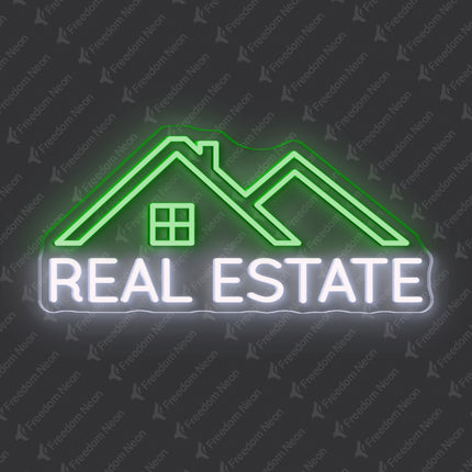 Green & White Double-Lined Roof Real Estate Neon Sign