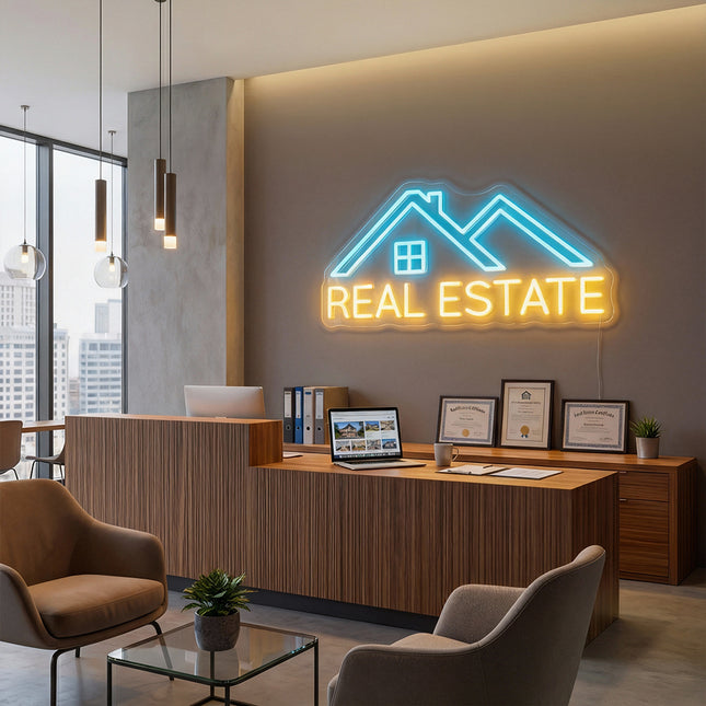 Ice Blue & Warm White Double-Lined Roof Real Estate Neon Sign