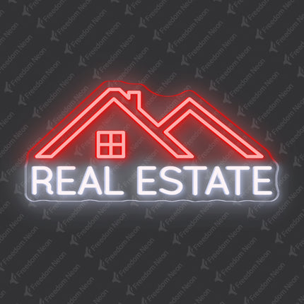 Red & White Double-Lined Roof Real Estate Neon Sign
