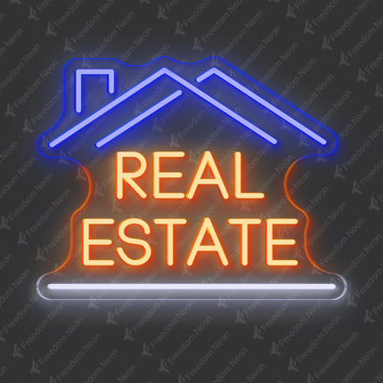 Blue, Golden Yellow & White Double-Roof Real Estate Neon Sign
