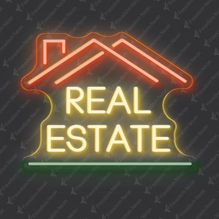 Golden Yellow, Warm White & Green Double-Roof Real Estate Neon Sign