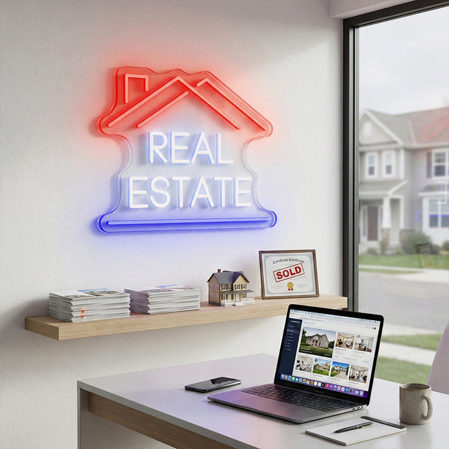 Red, White & Blue Double-Roof Real Estate Neon Sign