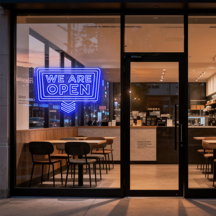 Blue "Double We Are OPEN Down Arrow" Neon Sign