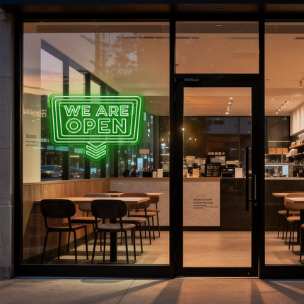 Green "Double We Are OPEN Down Arrow" Neon Sign