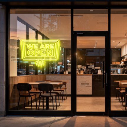 Lemon Yellow "Double We Are OPEN Down Arrow" Neon Sign