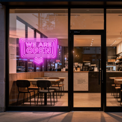 Pink "Double We Are OPEN Down Arrow" Neon Sign