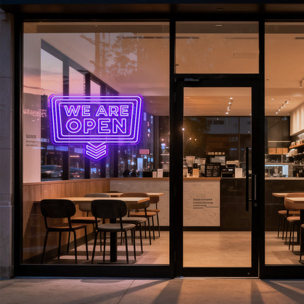 Purple "Double We Are OPEN Down Arrow" Neon Sign