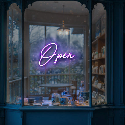 Vintage purple neon "Open" sign