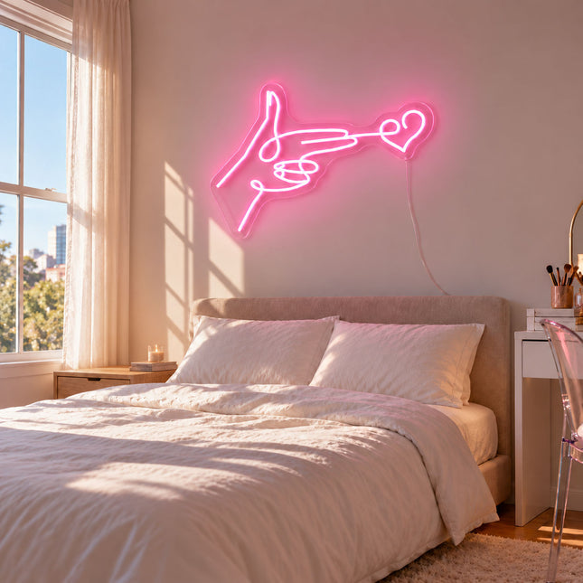 Light Pink Finger Gun Heart Neon Sign