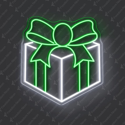 White Gift Box with Green Bow Neon Sign
